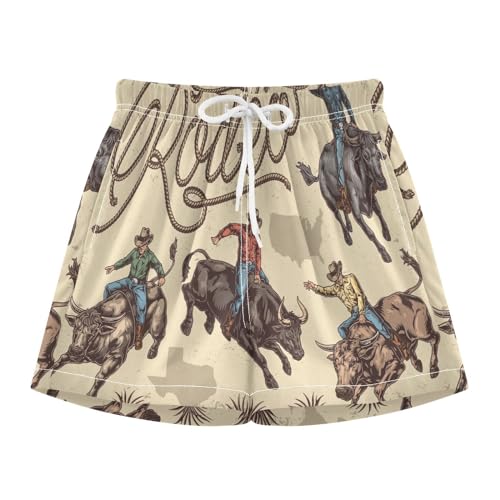 Boy Swim Trunks with Compression Liner Size 7 Retro Rodeo Bulls Kids Swim Shorts Quick Dry Wild Cowboy Bathing Suit with Boxer Brief Liner