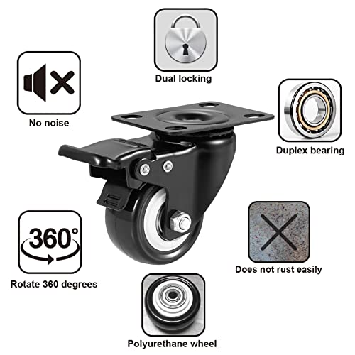 ASRINIEY Castor Wheels, 50mm Castors, Swivel Castors with Brake (Plate) - Caster Wheels Set of 4, Heavy Duty Casters and Wheels for Furniture, Non Marking Black Polyurethane Trolley Wheels - Image 3