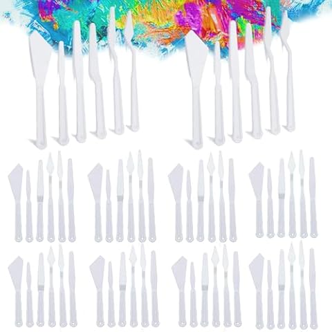 Plastic Spatula Palette Knives Set 60Pcs(10 Pack), KELIFANG Painting Knife for Mixing Spreading Scratching Layering Colors, Thin and Flexible Art Tools for Carving, Oil, Acrylic, Watercolor Painting Cover