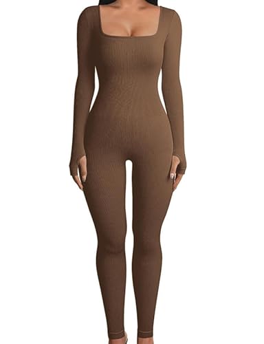 Rongseng Mono Deportivo Mujer Manga Larga Ajustado Jumpsuit de Cuello Cuadrado Mono Yoga Bodycon Traje de Una Pieza Elásticos Body Overol Mallas Push up Pantalones Color Sólido Largos Romper