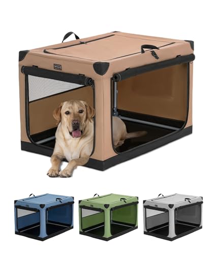 Petsfit-36-Inch-Portable-Dog-Kennel-Adjustable-Fabric-Cover-by-Spiral-Iron-Pipe-Chew-Proof-3-Door-Design-Soft-Collapsible-Dog-Crate-Khaki