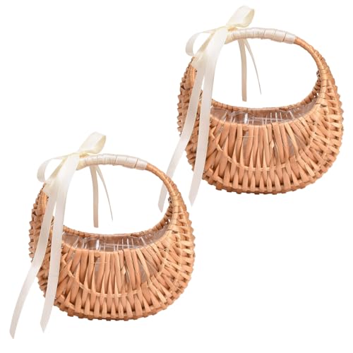 2 PCS Wicker Rattan Flower Baskets Small Half Moon Wicker Basket with Handle and Ribbons Wedding Flower Girl Straw Basket Willow Woven Storage for Wedding Party Decor(Brown)