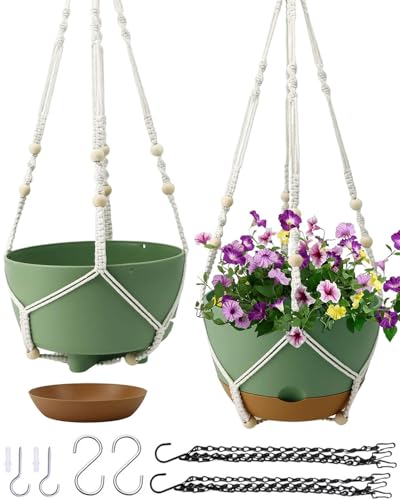 Koalaime Hanging Planter Self Watering 10 Inch, 2 Pack Indoor Outdoor Hanging Baskets, Hanging Flower Pots with Drainage Hole & 2 Kinds of Plant Hangers for Garden Home Decor(Green)…