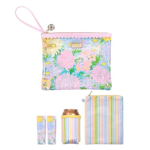 Lilly Pulitzer Water Resistant Vinyl Beach Day Pouch Zipper Bag Includes Drink Hugger Small Pouch and Towel Clips Lilly Garden Home