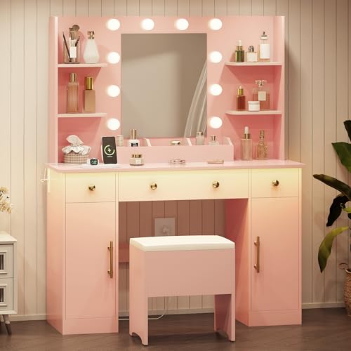 Image of HUANLEGO Vanity Desk with Mirror and Lights,Pink Makeup Vanity with Charging Station & Vanity Stool, 3 Drawers and Cabinets White Vanity Mirror with RGB LED Lights Vanity Desk and Chair for Women