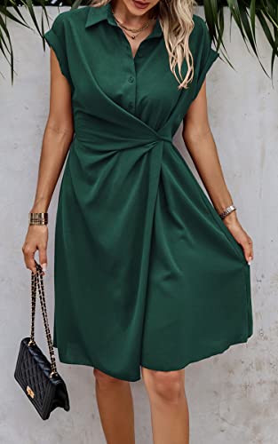 Image of ECOWISH Womens Casual Midi Dresses Solid V Neck Short Sleeve Button Shirt Belted Dress with Pockets for Spring Summer 2026