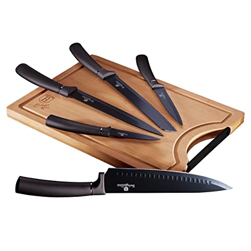 Berlinger Haus Carbon Pro Juego 5 Cuchillos Cocina Profesional Tabla Cortar Bambú, Hoja Acero...
