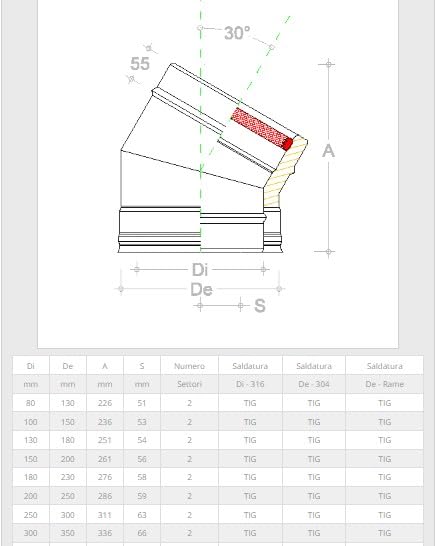 Gomito Curva 30° Doppia Parete in Acciaio Inox per Canne Fumarie caminetti 15° (150-200)