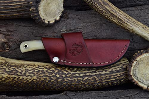 Knives Ranch Handmade Damascus Steel Full Tang 6-1/2" Overall Length Finger Groove Knife With Sheep Bone Handle Fine Quality Horizontal/Cowboy Leather Sheath Snug Fit (3055-B) #TOP7