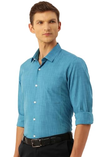 Image of Peter England Men's Slim Fit Full Sleeve Formal Textured Solid Shirt | Festive Duo-Tone Colour | 100% Cotton
