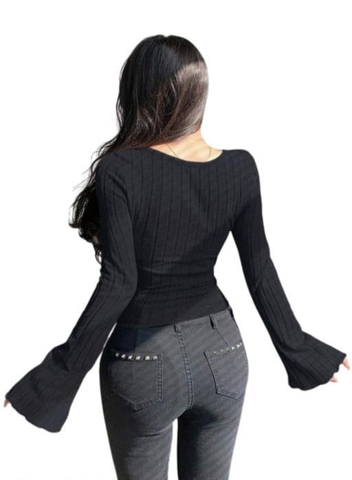 Image of Women Slim Fit Long Flare Sleeve Ribbed Knit Criss Cross Cut Out Casual Fashion Top Trendy Daily Outfit for Girls and Women