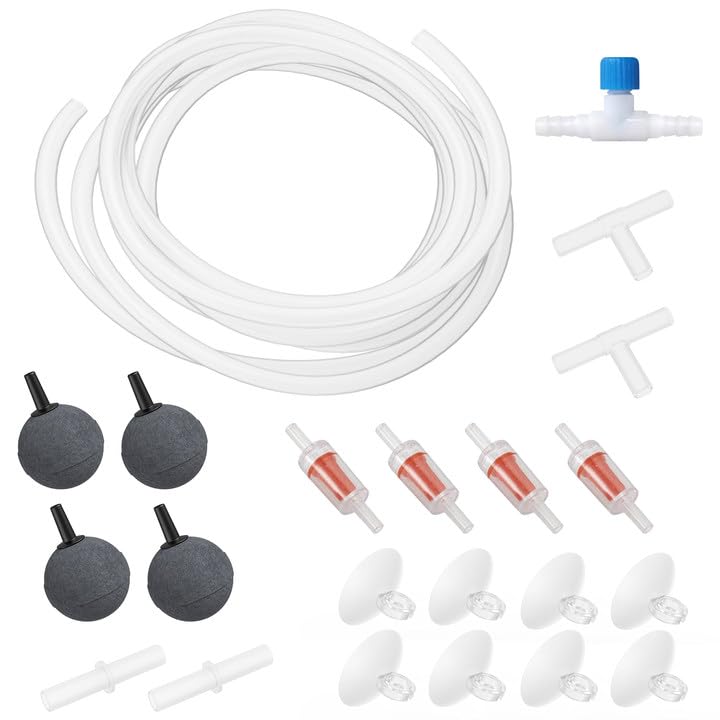 Aquarium Air Pump Accessories Kit with Standard Tubing, Air Stones, Check Valves, Suction Cups and Connectors.(20 Ft. Tubing/4 Air Stone)