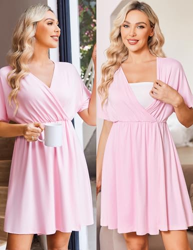Image of Ekouaer 3 in 1 Labor and Delivery Gown for Hospital Short Sleeve Maternity Nursing Dress Nightgown Postpartum Sleepwear
