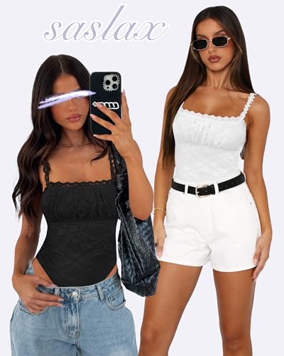Saslax Women's Sexy Square Neck Lace Sleeveless Bodysuit Tank Tops Double Lined Body Suit Thong Outfits