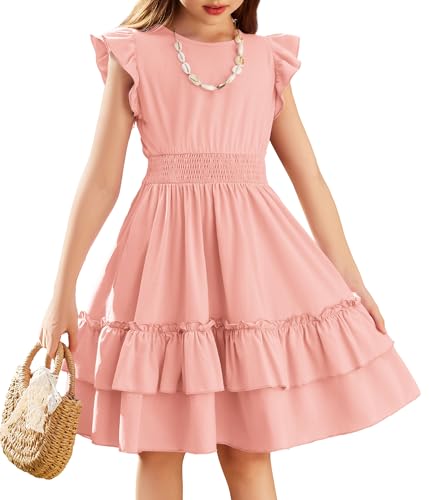 Image of Arshiner Girls Dresses Flutter Sleeve A-Line Sundress Casual Summer Tiered Swing Midi Pocket Dress