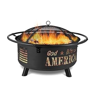 Backyard Expressions GOD Bless America Metal Firepit – 30 Inch – Heavy Duty Steel Fire Pit for Patio/Backyard w/Spark Screen Log Grate and Poker