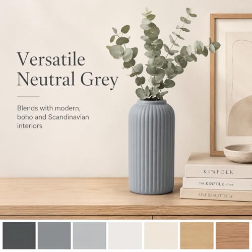 Image of Grey Ribbed Ceramic Flower Vase 6 Inch Matte Pampas Grass & Dried Flower Vase for Home & Office Table Decor Decorative Centerpiece Gift - Vase Only