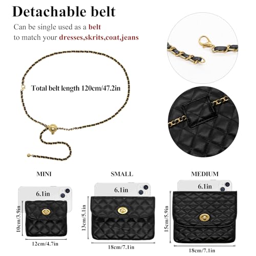 Handtasche Damen Klein Umhängetasche Schultertasche Leder Crossbody mit Verstellbarem Gürtel Kette Gesteppt Mädchen Reisen Schwarz
