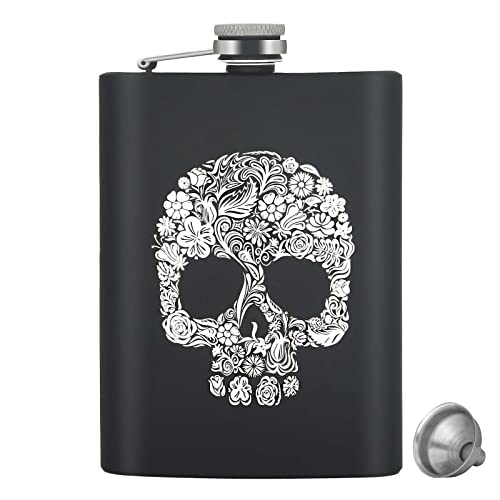 CoWalkers flask,Frasco de cadera de acero inoxidable de 8 oz con 1 embudo, frascos de cadera con embudo para almacenar whisky (Skull)
