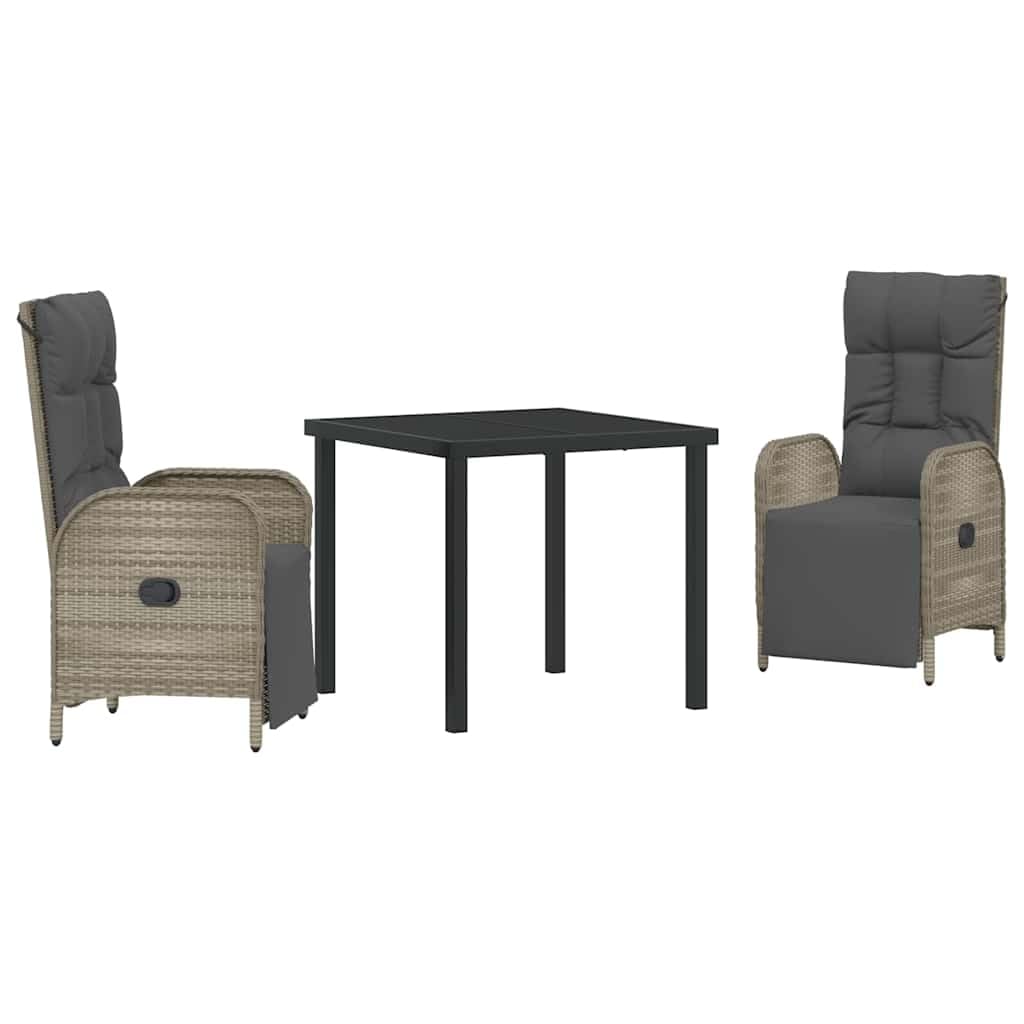 Ensemble jardin polyrotin gris 3 pcs avec table verre et coussins confort