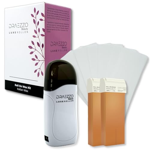 Draezzo - Kit de Depilación Roll On de Cera. Descubre los Beneficios del Argán. Calentador de Cera con 2 Cartuchos y 100 Bandas Depilatorias