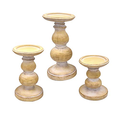QUABUY Antique Wood Look Wash Finish Pillar Set of 3 Candle Holders W/ 5