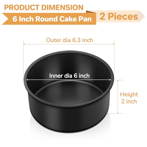 E-far 6x2 Inch Cake Pans Set, 2 Pieces Nonstick Round Cake Pans Tins for Baking Small Birthday Wedding Layer Smash Cakes, Stainless Steel Core & Nontoxic Coating, Straight Side(Black) by E-far - Image 2