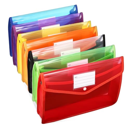 ASAKKURA 7個 色ボタン式ファイルフォルダー 対応 透明拡張可能 書類整理用ラベルポケット付き 書類入れケース オフィス家用ドキュメント収