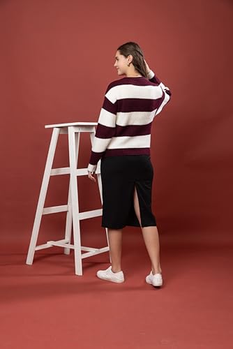 Image of Wear lusso Women's 100% Wool Color Block Stripe Full Sleeve Round Neck Pullover Sweater | Winter Season Fashion