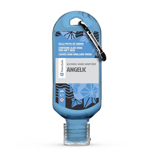 Palm Safe Angelic 60ml Anti Bacterial Premium Hand Sanitiser Travel Size Refillable Clip Bottle Quick Drying Non Sticky Extra Moisturising Kills 99.9% of Viruses and Bacteria