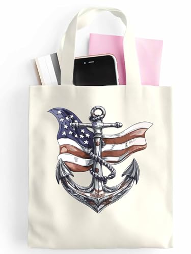 Canvas Tote Bags,Grocery Shopping Cloth Bag Nautical Anchor USA Flag Reusable Shoulder Bags Tote Bag for Travel Work Gym2