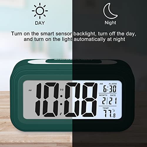 Sarsumir Réveil Numérique Reveille Digital Reveil Matin Silencieux et Intelligent à Piles avec LED Reveil Lumineux avec Fonction Snooze Date Température pour Enfant Ado Fille Garcon, Vert Foncé – vue 4