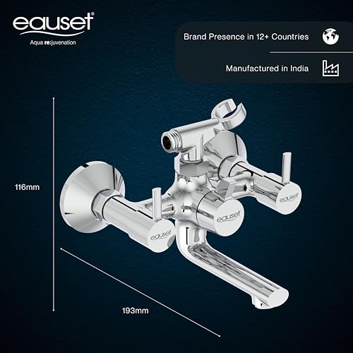 Image of Eauset Plus Brass Bath Mixer with Crutch | Wall Mounted Hot & Cold Bath Shower Mixer Tap | Leak Resistant Bathroom Faucet | Adjustable Hot Limit | Polished Finish