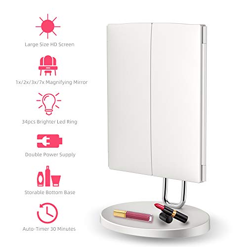 Touchbeauty Trifold Makeup Mirror With 34Pcs Led Lights, Upgraded Metal Stand, Personal Vanity Mirror 1X/2X/3X/7X Magnification #TOP2