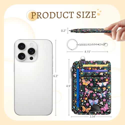 Image of Kelvoris Butterfly Flowers Credit Card Holder Small Wallet Women, Slim RFID | Keychain, Zipper Coin Pocket, Front Pocket Thin Travel Card Case, Minimalist, 6 Card Slots, 1 ID Window, Ladies Gifts Woman