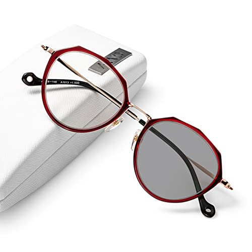 Damskie progresywne wieloogniskowe okulary do czytania z ramką TR90, czerwone modne nieregularne fotochromowe szare okulary przeciwsłoneczne (rozmiar: 1,5 x)