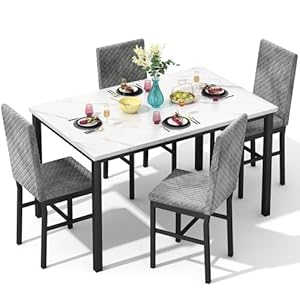 Hooseng Kitchen Table Set 5 Piece Dining Room Table Set Marble Dining Table 4 Chair Dining Table Set for Kitchen Living Room Breakfast Small Spaces (Grey)