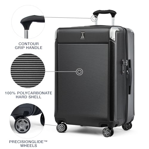 Image of Travelpro Platinum Elite Hardside Expandable Checked Luggage, 8 Wheel Spinner, TSA Lock, Hard Shell Polycarbonate Suitcase, Shadow Black, Checked Medium 25-Inch