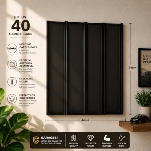 Image of 40 Carded Hot Wheels Display Case Wall Mount Acrylic & Aluminium Carded Diecast Showcase for 1:64 Mainline Cars - 4 Column Wall Organizer Holder (44x44 cm)