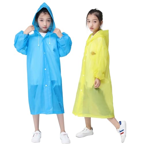 UEPOA Regenponcho Kinder, 2 St&uuml;ck Regenmantel Wasserdicht Regencape mit Kapuze Wiederverwendbar Poncho Regen Leichte EVA Raincoat M&auml;dchen Jungen Regenjacke f&uuml;r Reisen Wandern