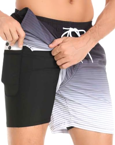 Image of Mens Swim Trunks Compression Liner No Mesh Swimming Trunks Men Swimwear Quick Dry Above Knee Zipper Pocket Swim Shorts