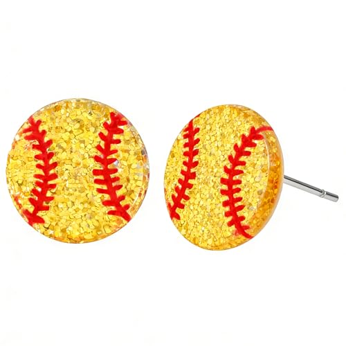 Nanafast Acrylic Sports Earrings for Women Small Glitter Soccer/Basketball/Baseball/Softball/Volleyball/Football Stud Earrings for Game Day Outfits Sport Lover Gifts-Softball