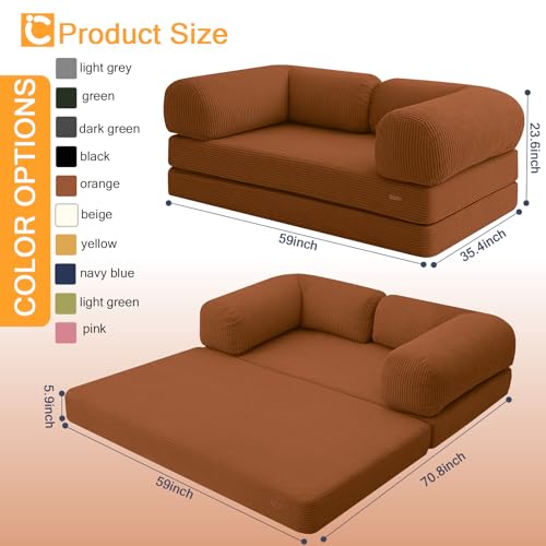 COMAX Futon Sofa Bed, 4-in-1 Floor Foldable Sofa Couch Bed Queen with L-Shaped Armrests, Convertible Folding Chair Bed Corduroy Sleeper Mattress Fold Out Comfy Lounge for Living Room, Orange