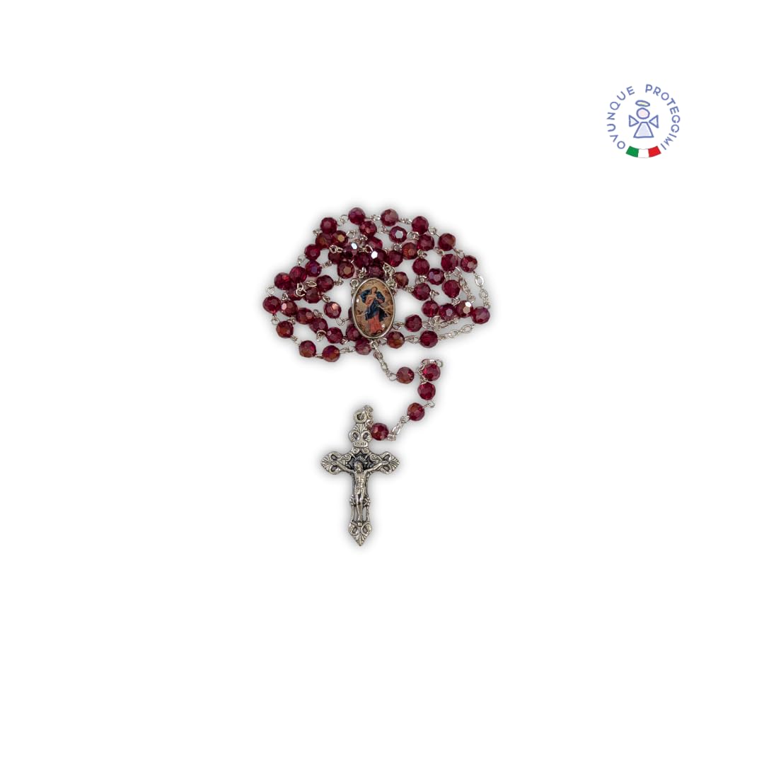 Rosario Madonna che Scioglie i Nodi, Con Libretto Novena e Preghiera e Porta Rosario, Semi Cristallo Rosso, Set Corona Maria che scioglie i Nodi.