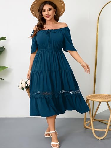 Image of RWJ Women's Plus Size Maxi Dress Short Sleeve Square Neck Flowy A-Line Lace Trim Flutter Party Casual Off Shoulder Dresses
