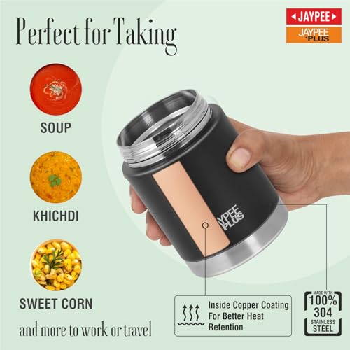 Image of Jaypee Plus Nutri Jar Stainless Steel Vacuum Insulated Food Jar With Bag & Spoon|Hot And Cold Thermal Flask|Double Walled Scratch Resistant Ideal for Office, School, Gym & Travelling | 400 ml, Black