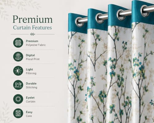 Image of Floral Printed Long Door Curtains for Living Room & Bedroom, Premium Polyester Eyelet Door Parde, Light Filtering & Privacy Curtains for Home, 9 Feet Long, Aqua Blue & White, Set of 3