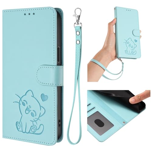 HAOFUGUI Funda Cartera para Vivo Y33S 4G / Y21 2021, de Cuero PU con Gato Grabado Carcasa, Tapa con Tarjetero Función Soporte y Correa de Muñeca Desmontable-Menta