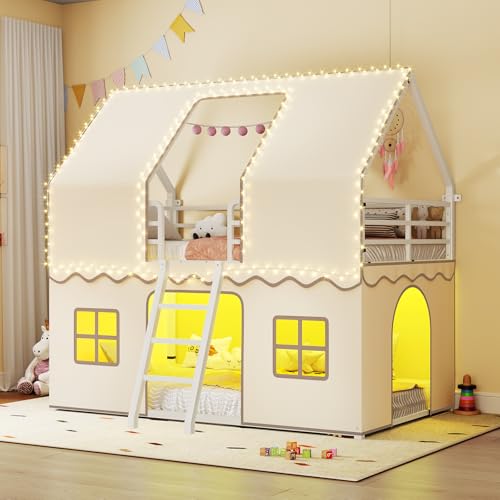 BTHFST Bunk Bed Twin Over Twin with Play Curtain, House Bunk Bed with LED Lights, Metal Kids Bunk...