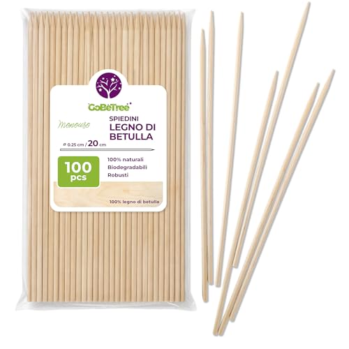 100 Spiedini in Legno di Betulla 20 cm x 2,5 mm | Bastoncini Extra Resistenti per Barbecue, Carne e Frutta | Stecchini Ecologici Multiuso per Fai da Te